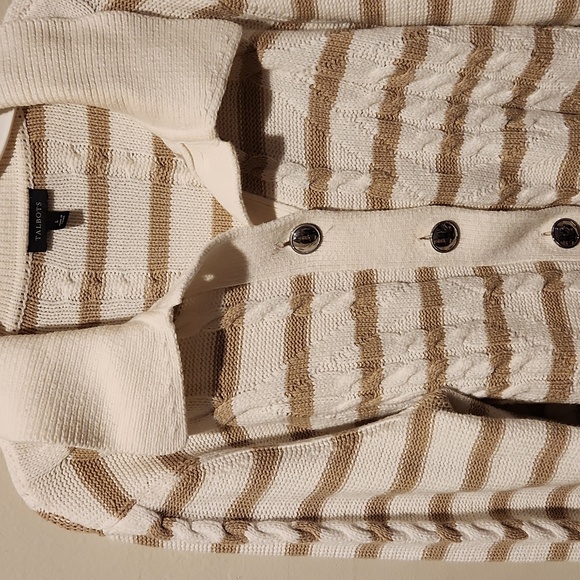 ❤️ TALBOTS CABLE KNIT COLLARED CARDIGAN SWEATER, STRIPE, LARGE - Picture 4 of 10